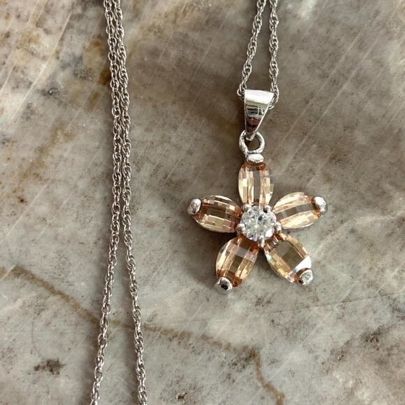 Sterling Silver Checkerboard Faceted CZ Flower Pendant Necklace & Stud Earrings - Picture 2 of 16